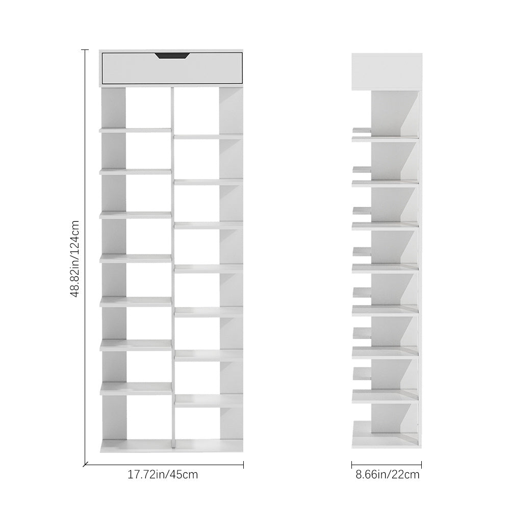 9 Tiers Wooden Shoe Rack, Vertical Slim Shoe Storage Rack Organizer Shoe Stand Shelf, Free Standing Storage Shoe Cupboard with 1 Big Drawer, Space Saving Narrow Shoes Storage Tower Shoe Holder Organizer Unit for Living Room,