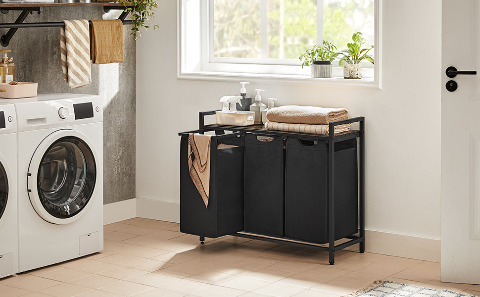 Laundry Basket, 3-Compartment Laundry Hamper, Freestanding Clothes Hamper, Laundry Bag Stands Up Well, Removable Laundry Bags, Laundry Sorter, Shelf, Metal Frame, 3 x 38 L, Black/White/Grey