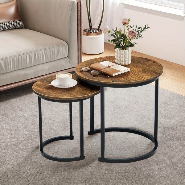 Nesting Coffee Table Set of 2, Round Coffee Table with Wood Grain Top, Non-slip, Industrial Grade Side Table, Suitable for Living Room, Bedroom, Balcony, Courtyard