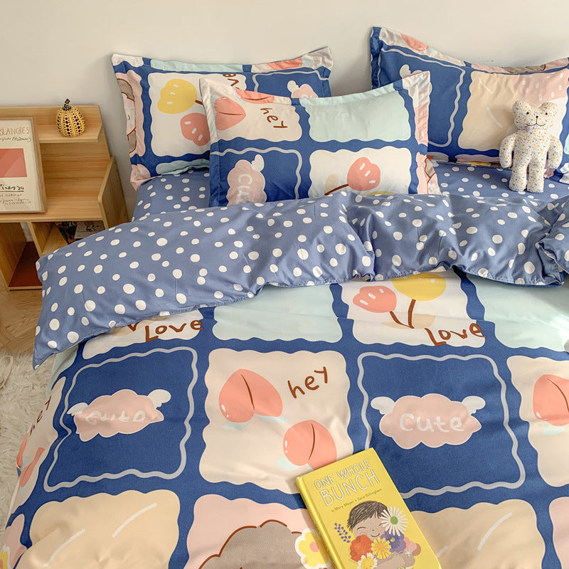 Four-Piece Cute Cartoon Bed Sheet Set: Add a touch of fun and whimsy to your bedroom with these adorable cartoon-themed sheets