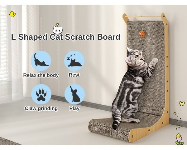 L-Shaped Cat Scratcher Cardboard Cat Scratching Post with Ball, Sofa Protector for Indoor Cats, Durable Corrugated Cat Scratch Board for Kittens & Adult Cats