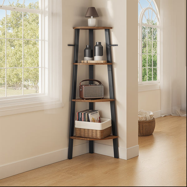 4-Tier Corner Shelf / Ladder Shelf – Industrial Rustic Brown & Black Accent Furniture for Living Room, Books, or Plants