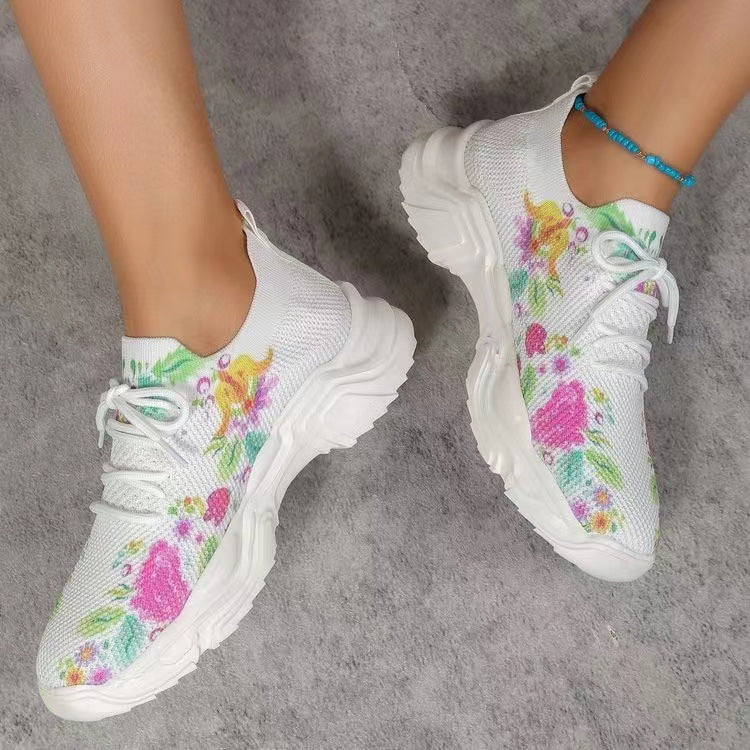 Flyknit Casual New Running 3D Printed Flowers Slip-on Light Running Shoes