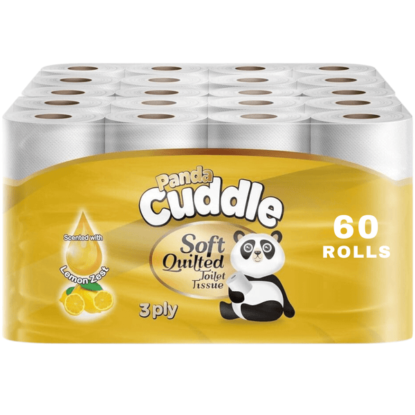 Panda Cuddle Lemon Zest Scented 3-Ply Soft Quilted Toilet Tissue - 60 Rolls (12 x 5 Rolls) Soft, Fresh & Luxurious Comfort