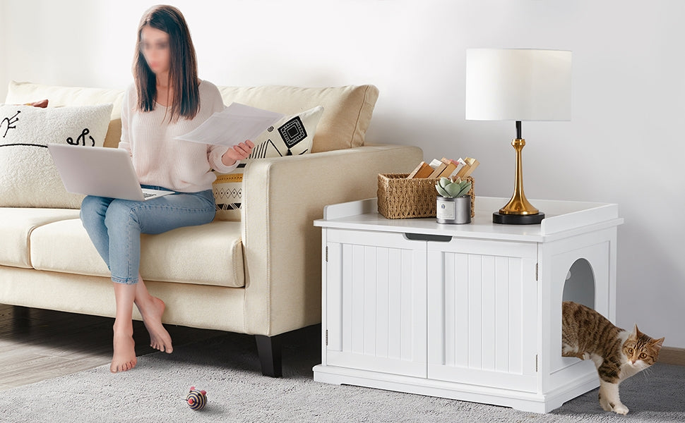 Costoffs Pet Litter Box Wooden Storage Bench Side Table with Double Doors for Cat, Decorative Cat Litter Box Hidden Bathroom