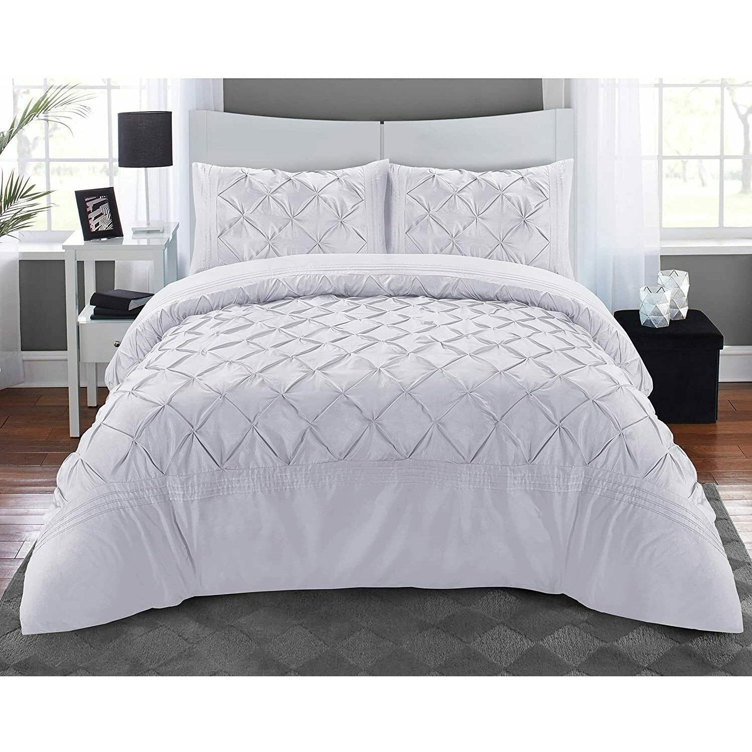 Luxury Pintuck Duvet Cover Set Double King Super King Soft Microfiber Pinch Pleat Bedding Set with Pillowcases White Silver Charcoal Pink