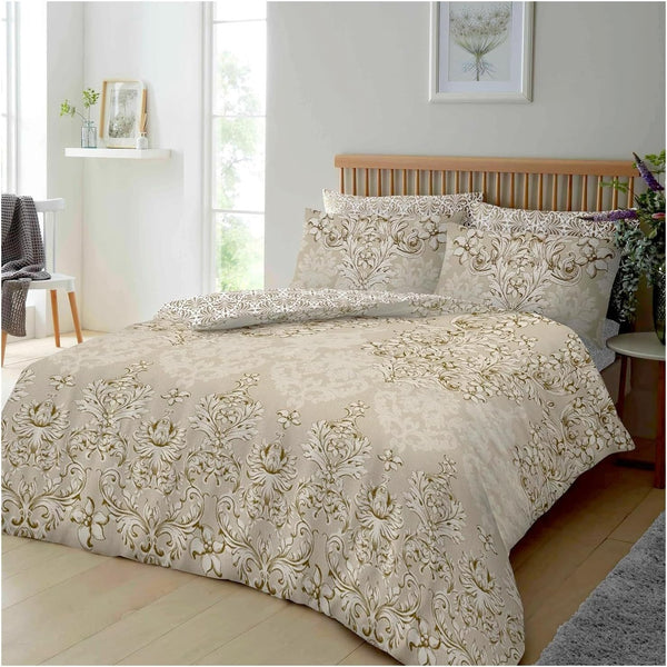 GC GAVENO CAVAILIA Damask Floral Single Bed Duvet Cover Set | Reversible Soft Polycotton Bedding with Matching Pillowcase | Available in Single, Double, King Sizes and Grey, Natural, Pink, Duck Egg Colours | UK Brand