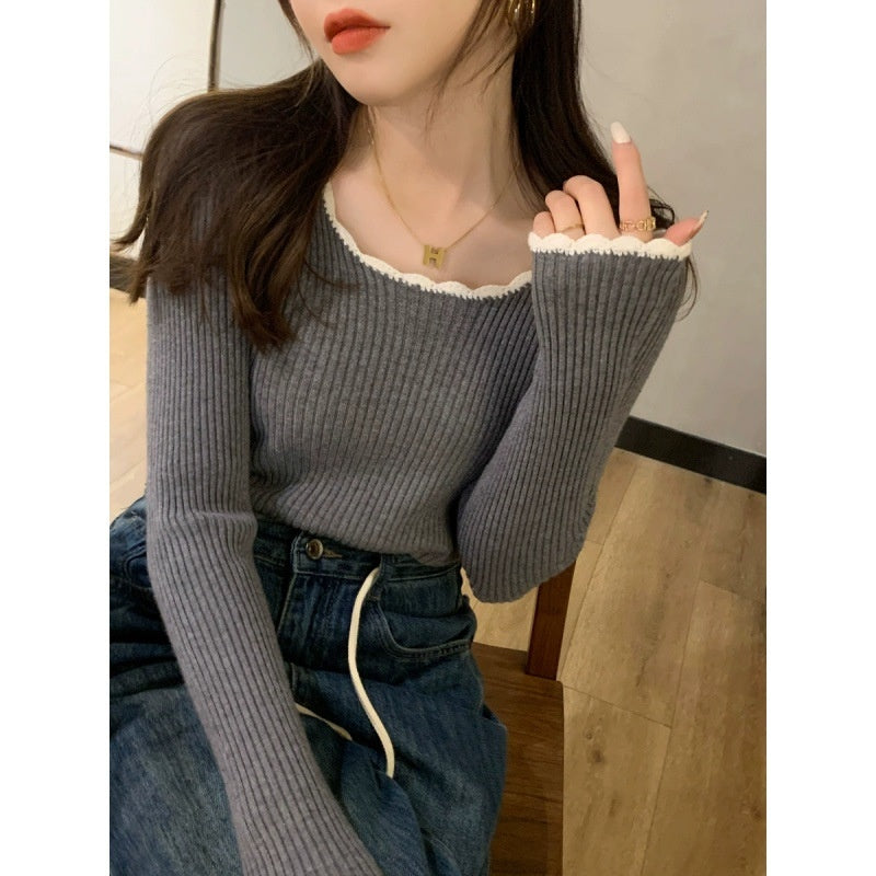 French Style Classic Style Bell Sleeve Wooden Ear Knitted Sweater