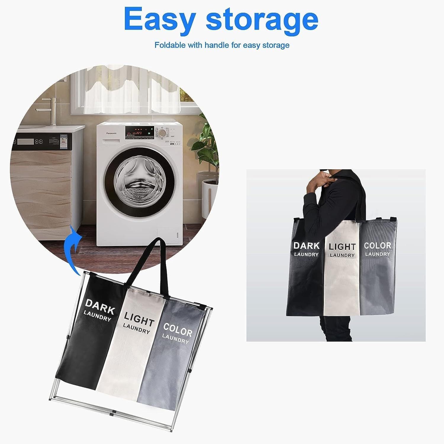 Laundry Basket 3 Sections Folding Laundry Basket Storage Bag Dirty Laundry Basket Bedroom Laundry Room Bathroom Black White Grey