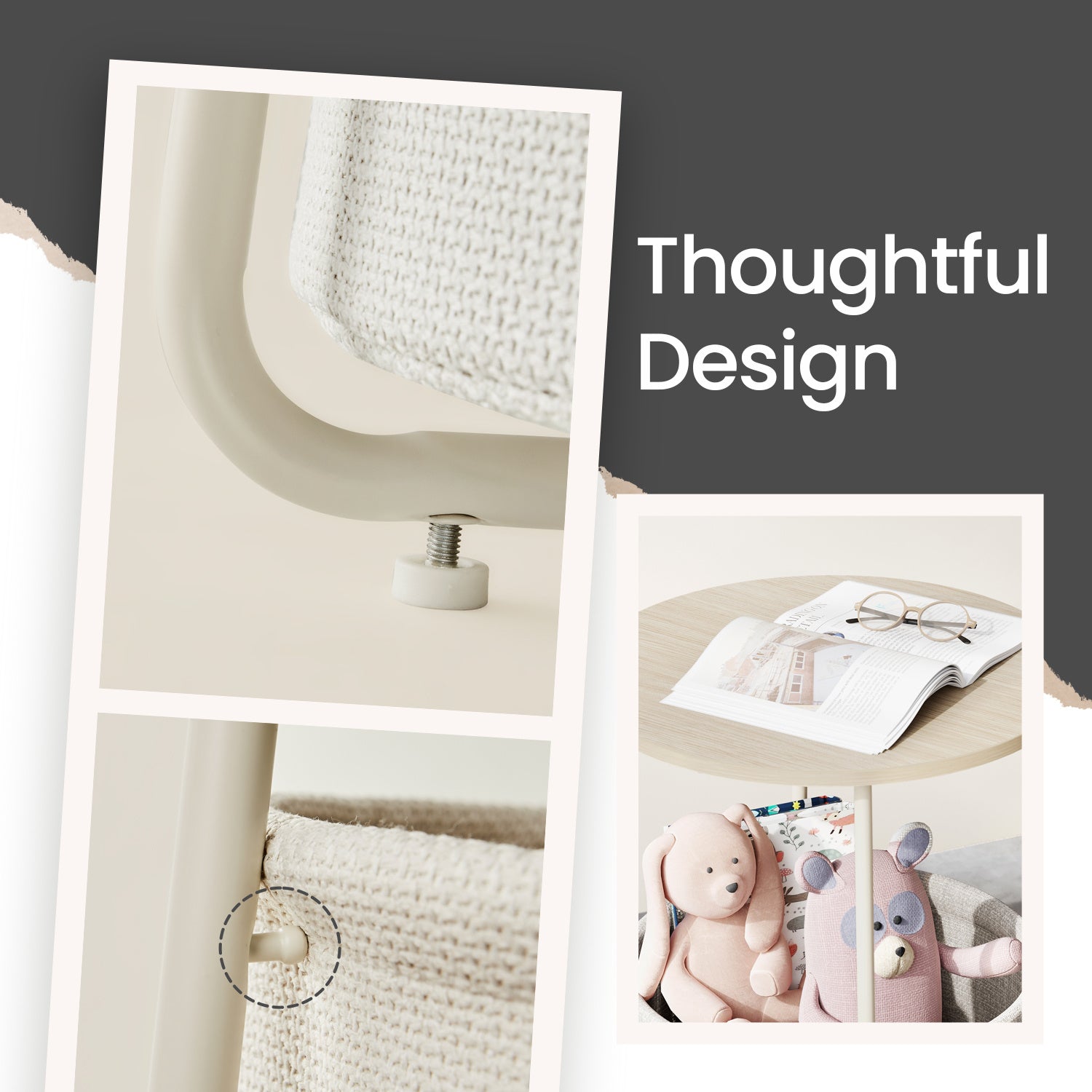 Side Table, Round End Table with Fabric Basket, for Living Room Bedroom, Bedside Table, Modern Style,Cream White,Laurel Green,Jelly Pink,Cement Grey,Ebony Black,Various colors