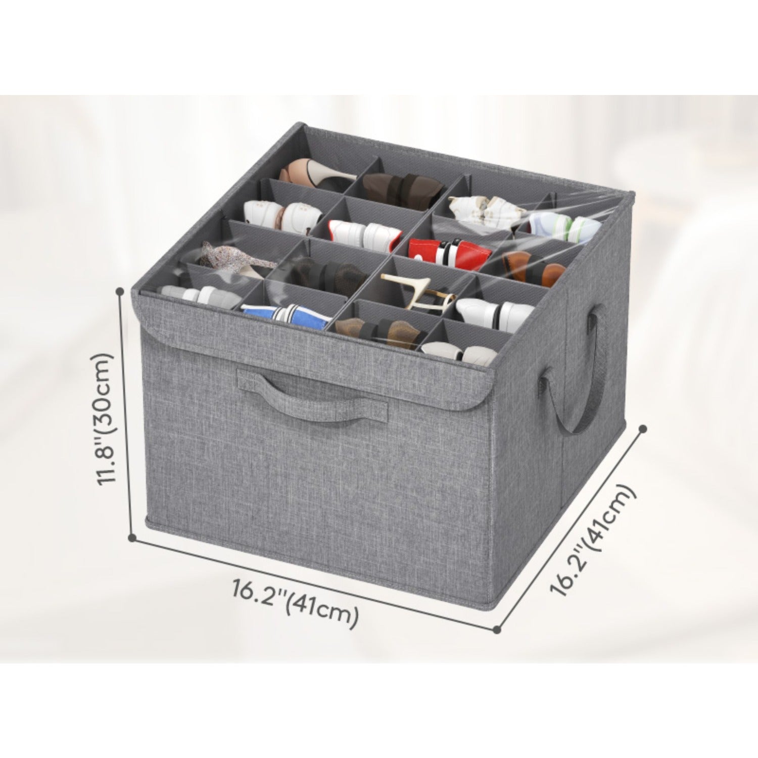 1/2 Pack Shoe Organizer for Closet Foldable Storage Bins with Adjustable Dividers, Clear Cover, and Bottom Support, Fits 16 Pairs of Boots, Heels, and Sneakers