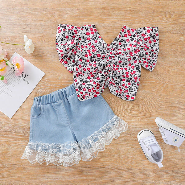 2Pcs Fashion Kids Girls Suit Set: Floral Print V-Neck Short Sleeve Tops + Lace Trim Denim Shorts. Girls Summer Clothes