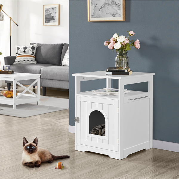 Costoffs Wooden Cat Litter Box Enclosure with Open Shelf, Decorative Pet Nightstand, Hidden Cat Washroom & Furniture for Indoor Use, 52x49x64.5 cm, Stylish and Functional Storage Solution, White