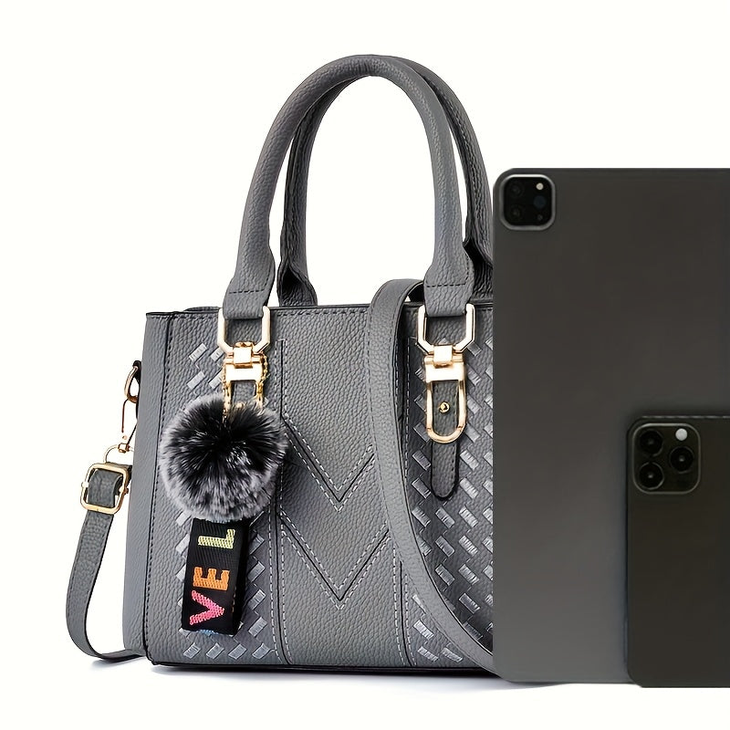 Women's Trendy Handbag with Ball Pendant, Simple Quilted Shoulder Handbag, Ladies' Easter