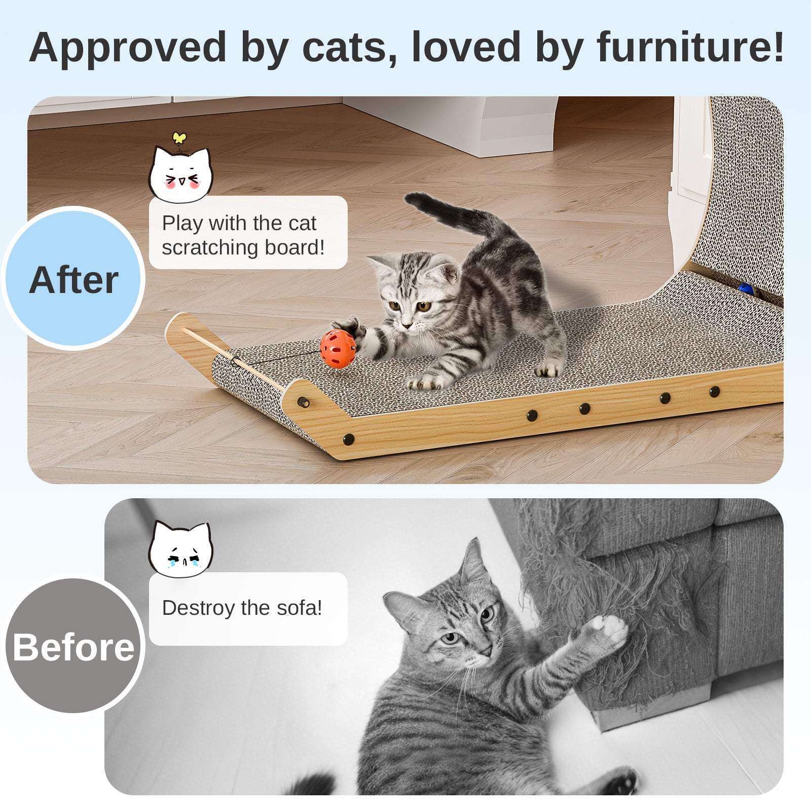 L-Shaped Cat Scratcher Cardboard Cat Scratching Post with Ball, Sofa Protector for Indoor Cats, Durable Corrugated Cat Scratch Board for Kittens & Adult Cats