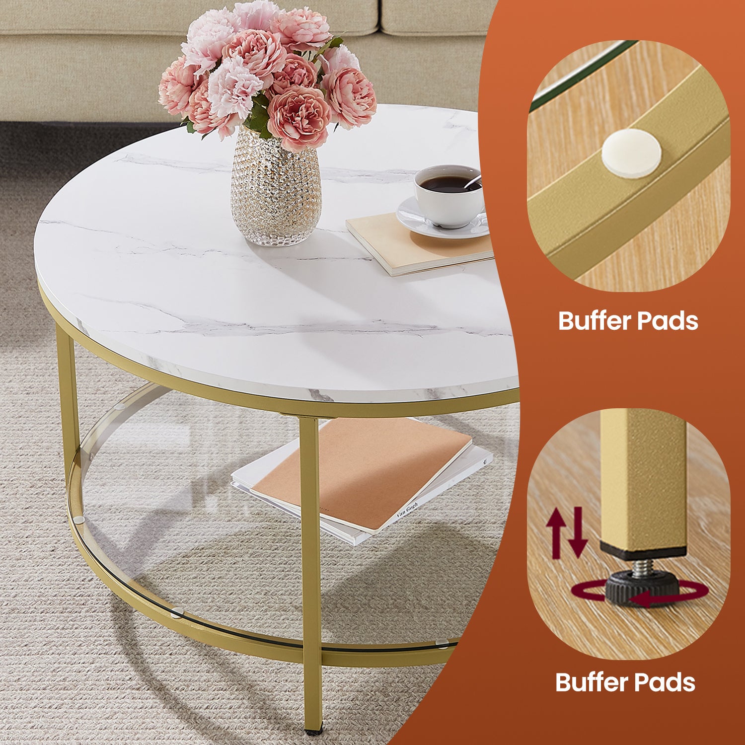 Coffee Table, Living Room Table, Sofa Cocktail Table Faux Marble Round, Tempered Glass Storage Shelf, Easy to Assemble, Modern Style, for Living Room, Marble