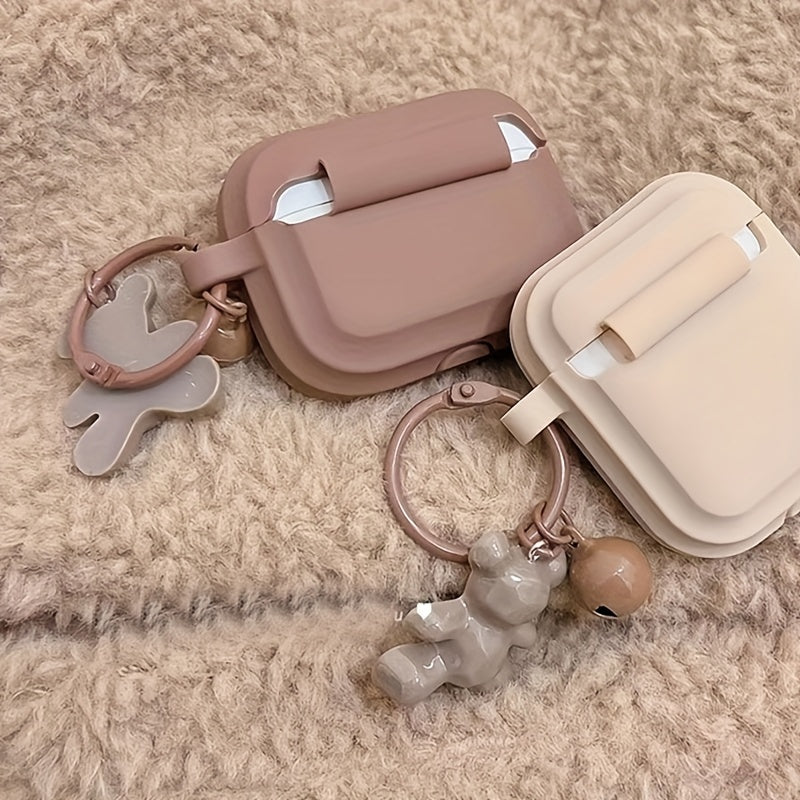 Caramel Khaki Earphone Case with Bear Pendant – Stylish Cover for AirPods 1/2/3 & Pro
