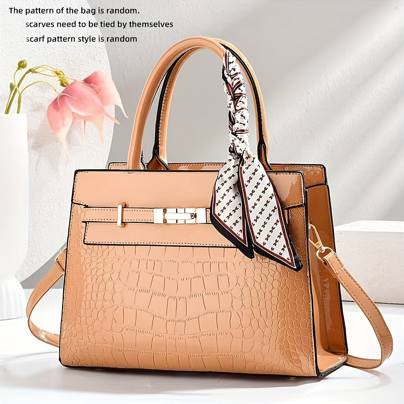 CHROSGEKEIDI Women's Luxury Crocodile-Texture Handbag - Adjustable Crossbody/Shoulder Strap, Golden-Tone Hardware, Zipper Closure, Structured Tote - Elegant Black Purse for Work, Travel, Everyday Use - Durable & Versatile Des