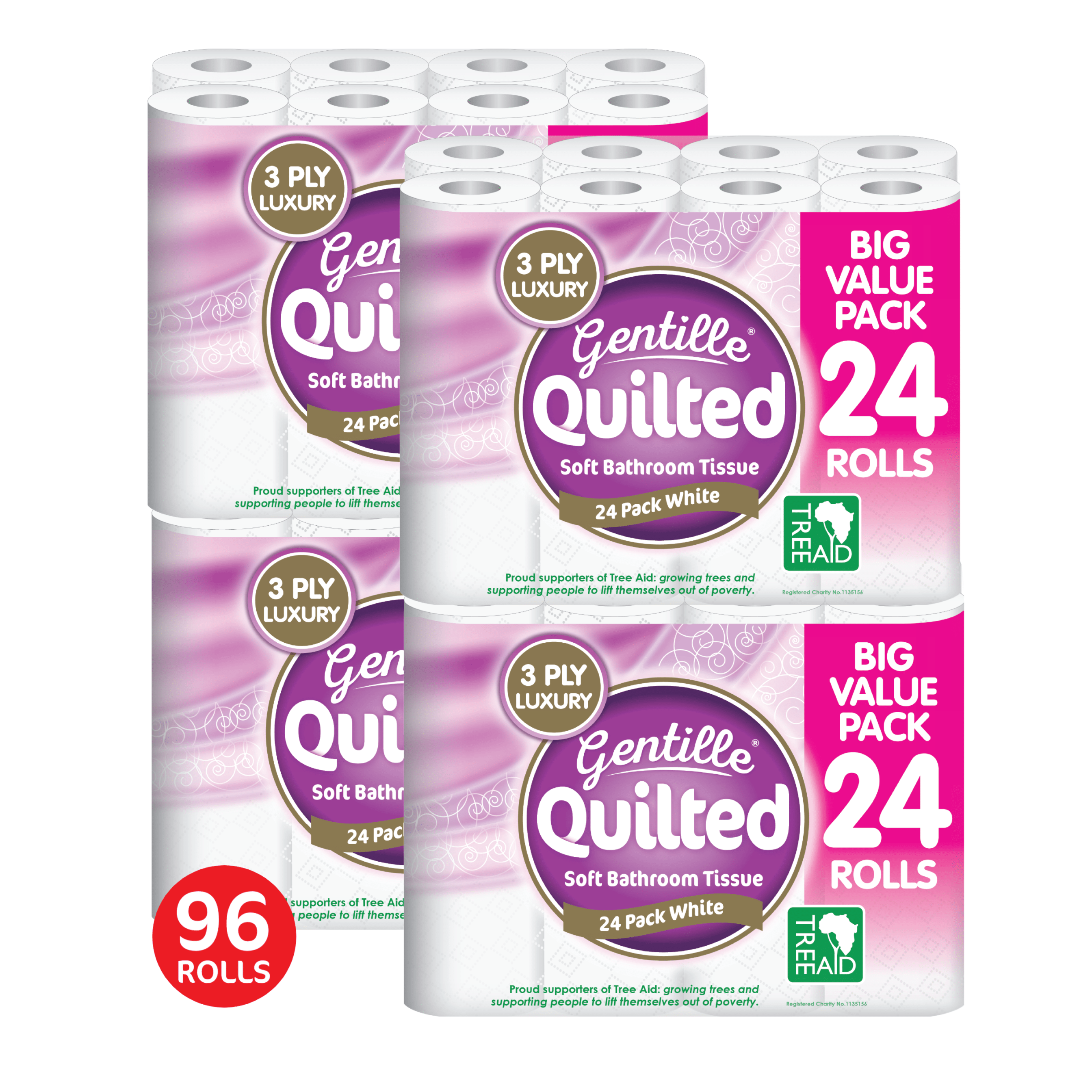 Gentille Quilted Bathroom Tissue 96 Rolls Luxury 3-Ply Toilet Paper Soft & Strong