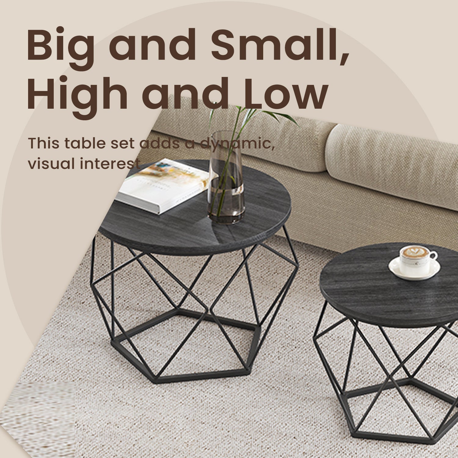 Small Round Coffee Table Set of 2, with Steel Frame, for Living Room, Bedroom, Office