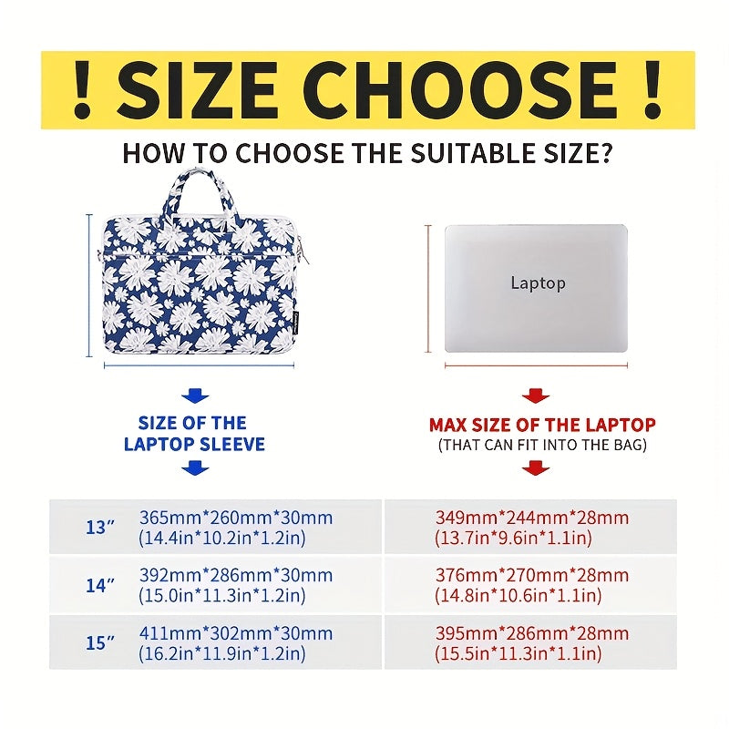 Shockproof Laptop Briefcase with Detachable Strap & Adjustable Shoulder Strap - Floral Print, Zipper Closure, Lining, Casual Style for Daily Commute & Travel