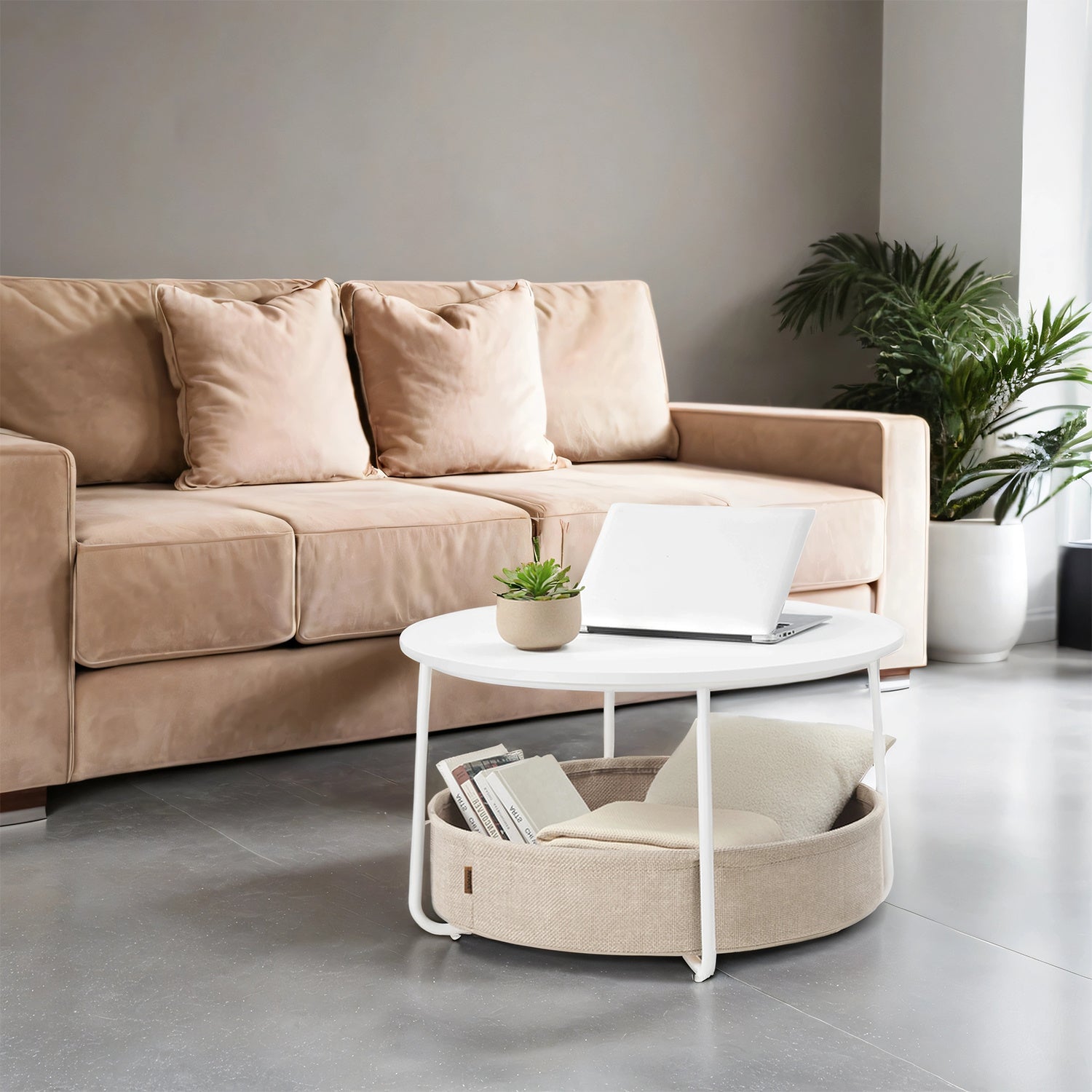 Coffee Table with Storage, Round Center Table with Fabric Basket, Modern Style, White and Brown