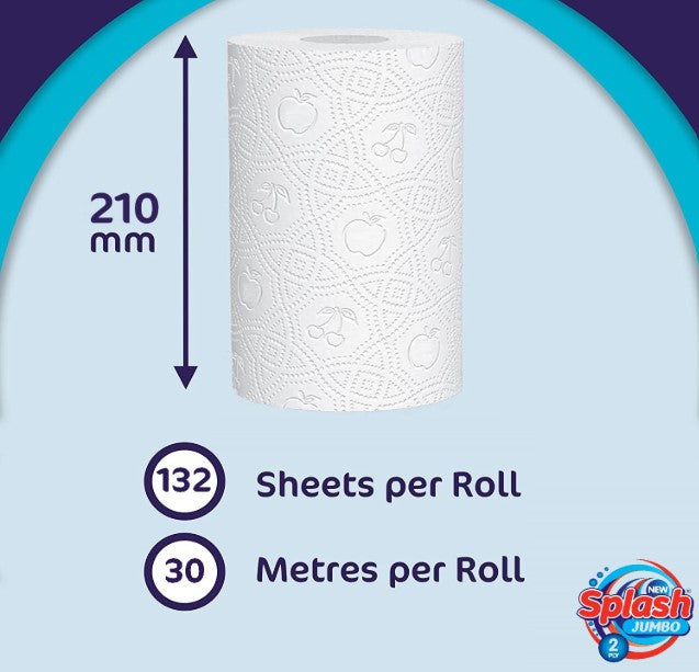 Splash Jumbo 2ply Kitchen Roll, Multipurpose White Towel Paper 12 Rolls Absorbent Strong When Wet All Purpose 132 Sheets per Roll