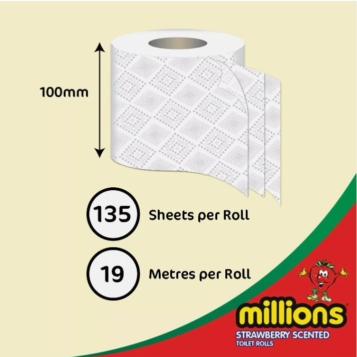 Millions Toilet Roll 3ply Strawberry Scented Soft Quilted Luxury Tissue Paper Strong & soft 40 Rolls