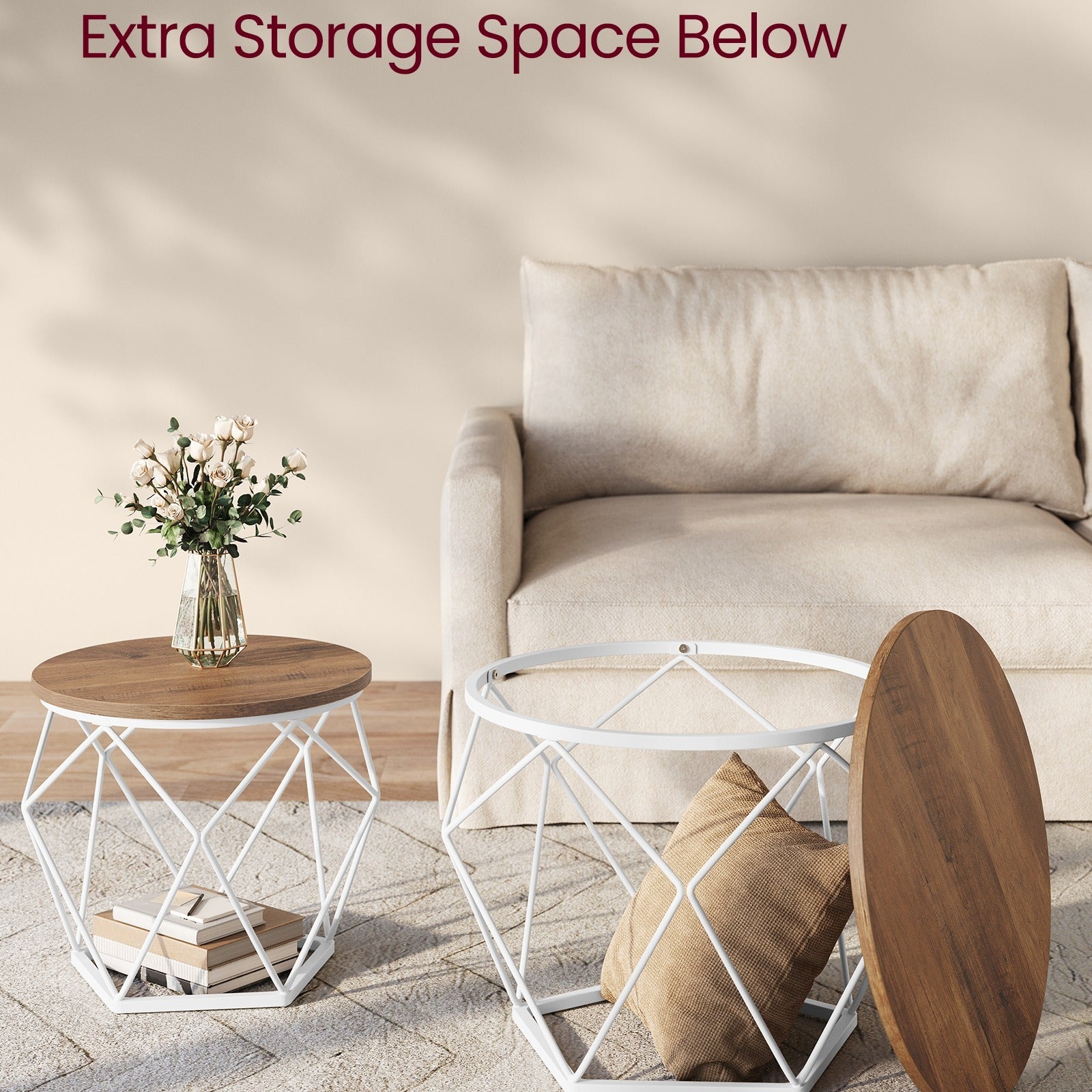 Small Round Coffee Table Set of 2, with Steel Frame, for Living Room, Bedroom, Office