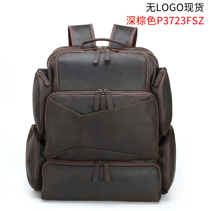 Retro Crazy Horse Leather 17-inch Laptop Bag: Outdoor Travel Top Layer Leather Backpack for Men