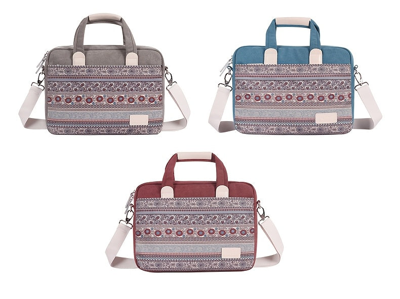 Canvas Artisan Shockproof Laptop Briefcase - Gray Canvas with Colorful Mandala Pattern, Adjustable & Detachable Shoulder Strap, Zip Closure, Polyester Lined for Business, Travel & Daily Commute, Laptop Bag