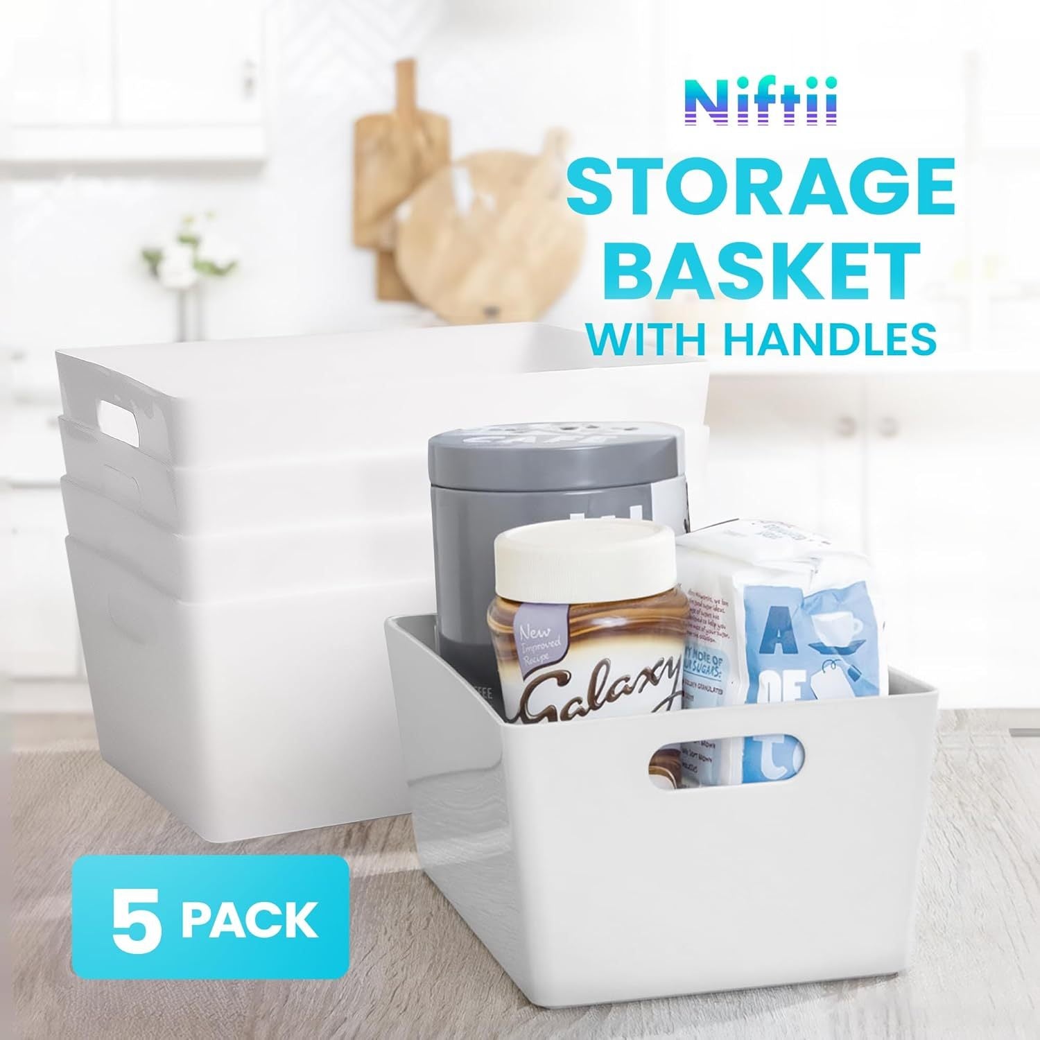 Niftii 5-Pack Plastic Storage Baskets with Sturdy Handles, Lightweight & Durable Design, Ideal for Kitchen, Bathroom, and Cleaning Organisation, 3.9L Capacity, 17 x 25 x 11cm