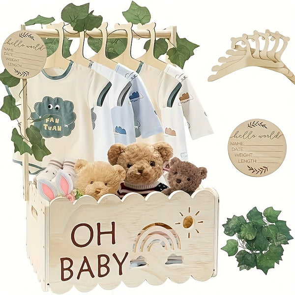 1-Pack Wood Baby Blessing Box - White Keepsake Chest with "Oh Baby" Sign, Sun & Rainbow Cutouts, Leafy Topper & Labeled Hanger Hole for Newborn Showers, Christening Decorations, Gender-Neutral Gift