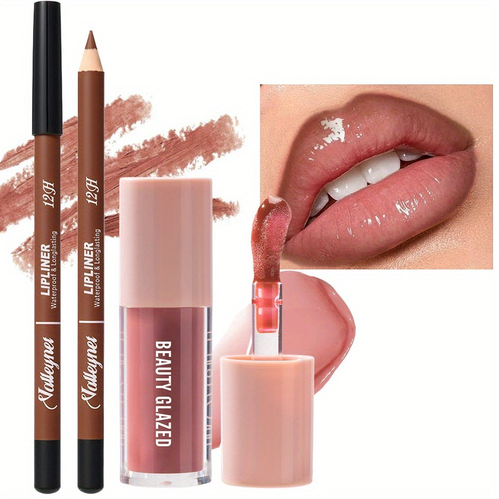 2-Pack Waterproof Lip Liner & Gloss Set/Long-Lasting Matte Lip Makeup Combo/Moisturizing Lip Liner & Lip Glaze (Brown, Pink, Red)/for Beige Types, Nude & Berry Tones/Smudge-Proof Lipstick Duo/Lip Products/Lipstick For Women/L