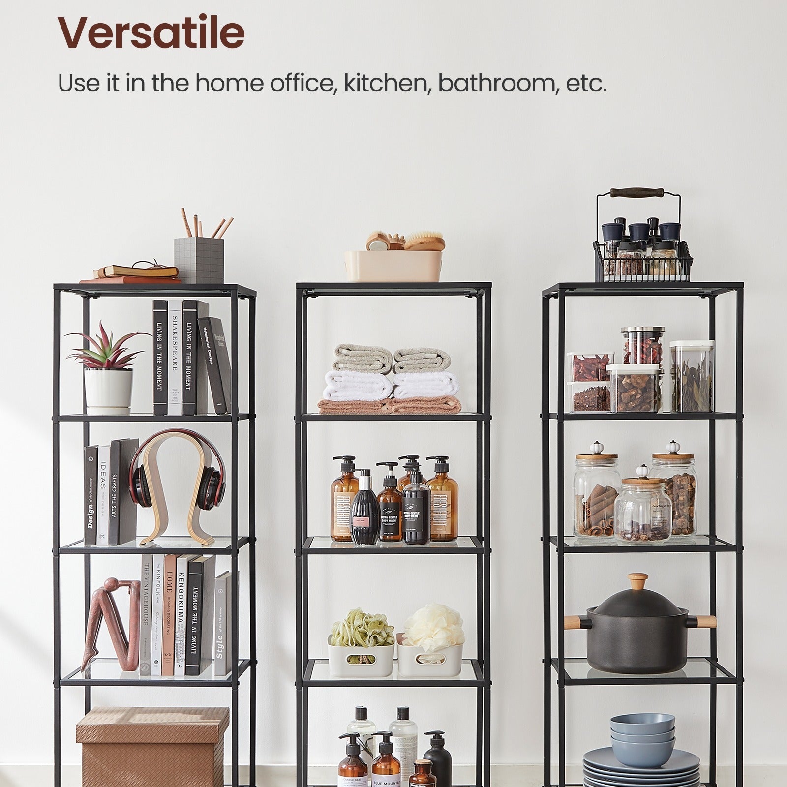 5-Tier Glass Shelf, Bookshelf, Storage Rack, Tempered Glass, Easy Assembly, Bathroom, Living Room, Black