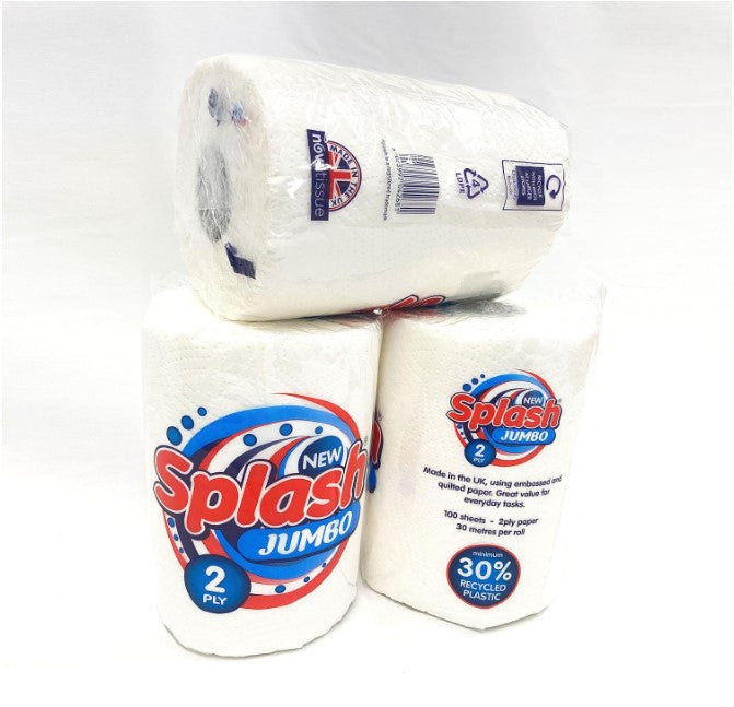 Splash Jumbo 2ply Kitchen Roll, Multipurpose White Towel Paper 12 Rolls Absorbent Strong When Wet All Purpose 132 Sheets per Roll