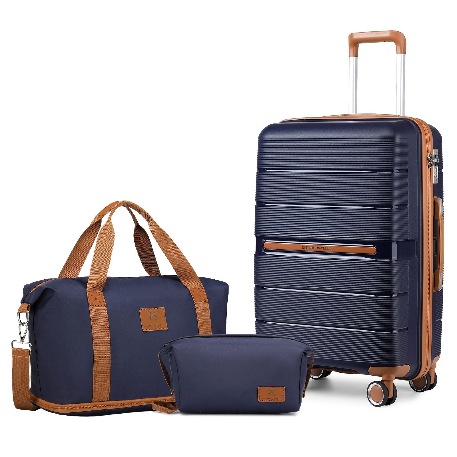 BRITISH TRAVELLER 3pcs Hard Case Suitcase Trolley Set with Multi-Texture, 100% PP Material. Hand Luggage Suitcase Equipped with 4 Smooth-rolling Spinner Wheels, Ideal for Travel. Comes with TSA Lock and Tote Bag, Perfect for