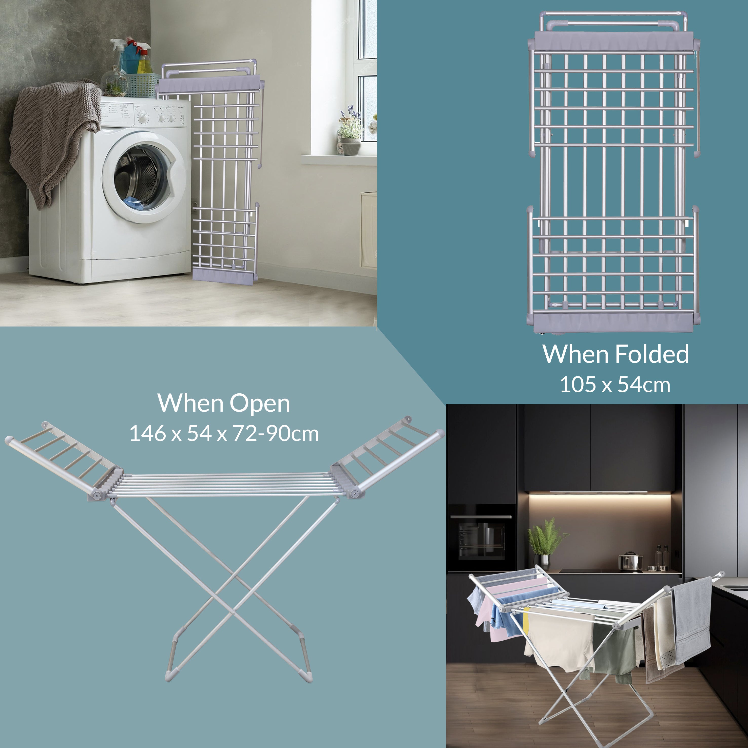 Winged Heated Airer, Foldable Electric Heated Clothes Airer 230W, Portable Indoor Clothes Drying Rack, Free Standing 12m Drying Space, 10kg Capacity, Low Energy Clothes Dryer, Grey (Cover Not Included)