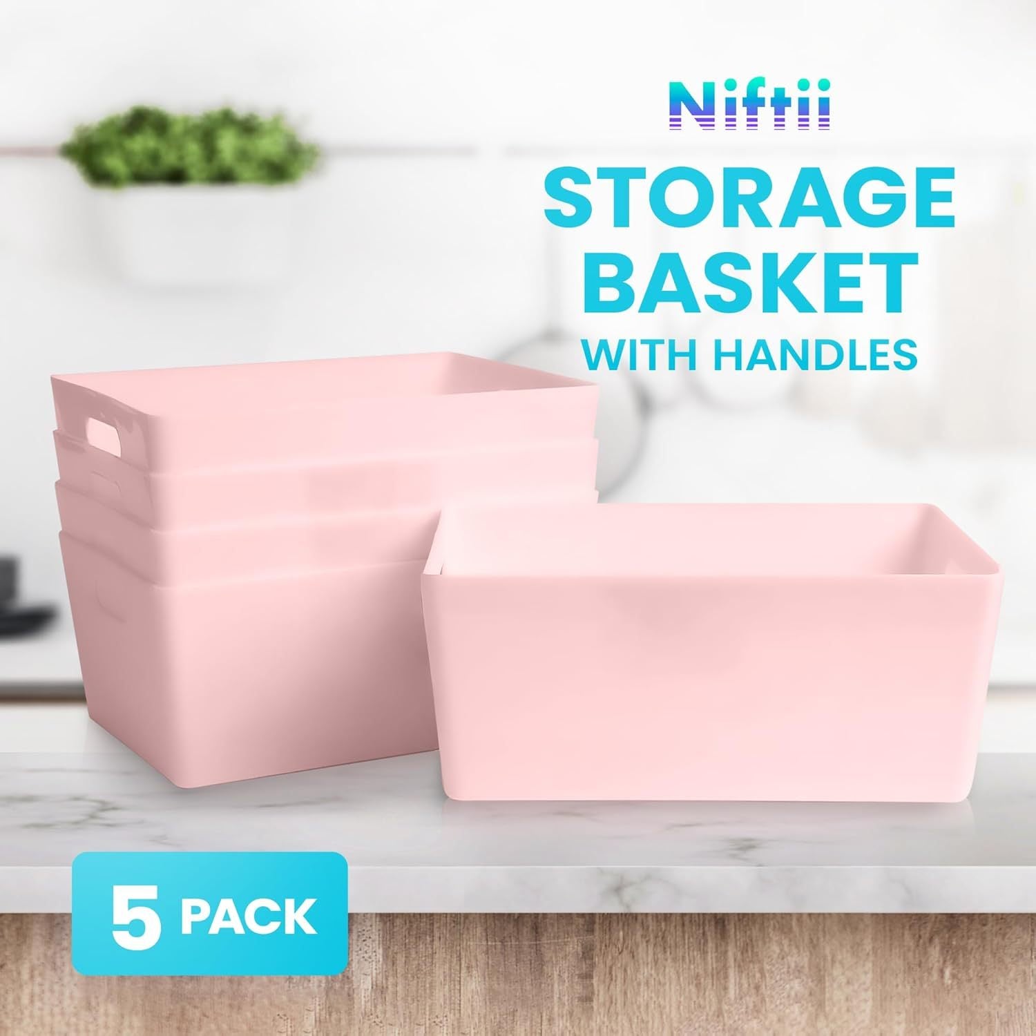 Niftii 5-Pack Plastic Storage Baskets with Sturdy Handles, Lightweight & Durable Design, Ideal for Kitchen, Bathroom, and Cleaning Organisation, 3.9L Capacity, 17 x 25 x 11cm