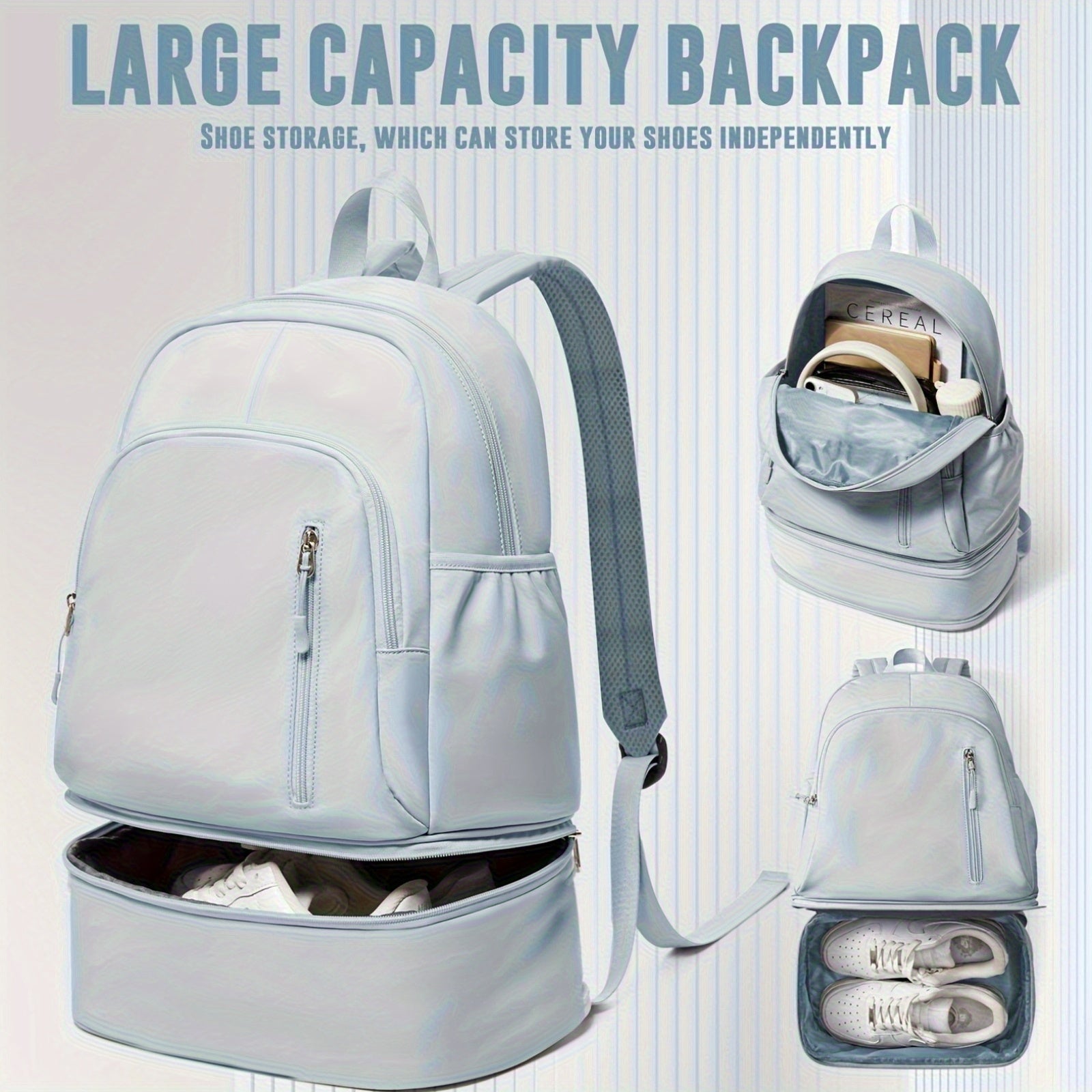Lightweight Travel Backpack with Independent Shoe Compartment - Large Capacity, Nylon, White, Perfect for Hiking, Camping, and Business Trips, Carry-On Friendly with Laptop Sleeve, Backpack for Travel