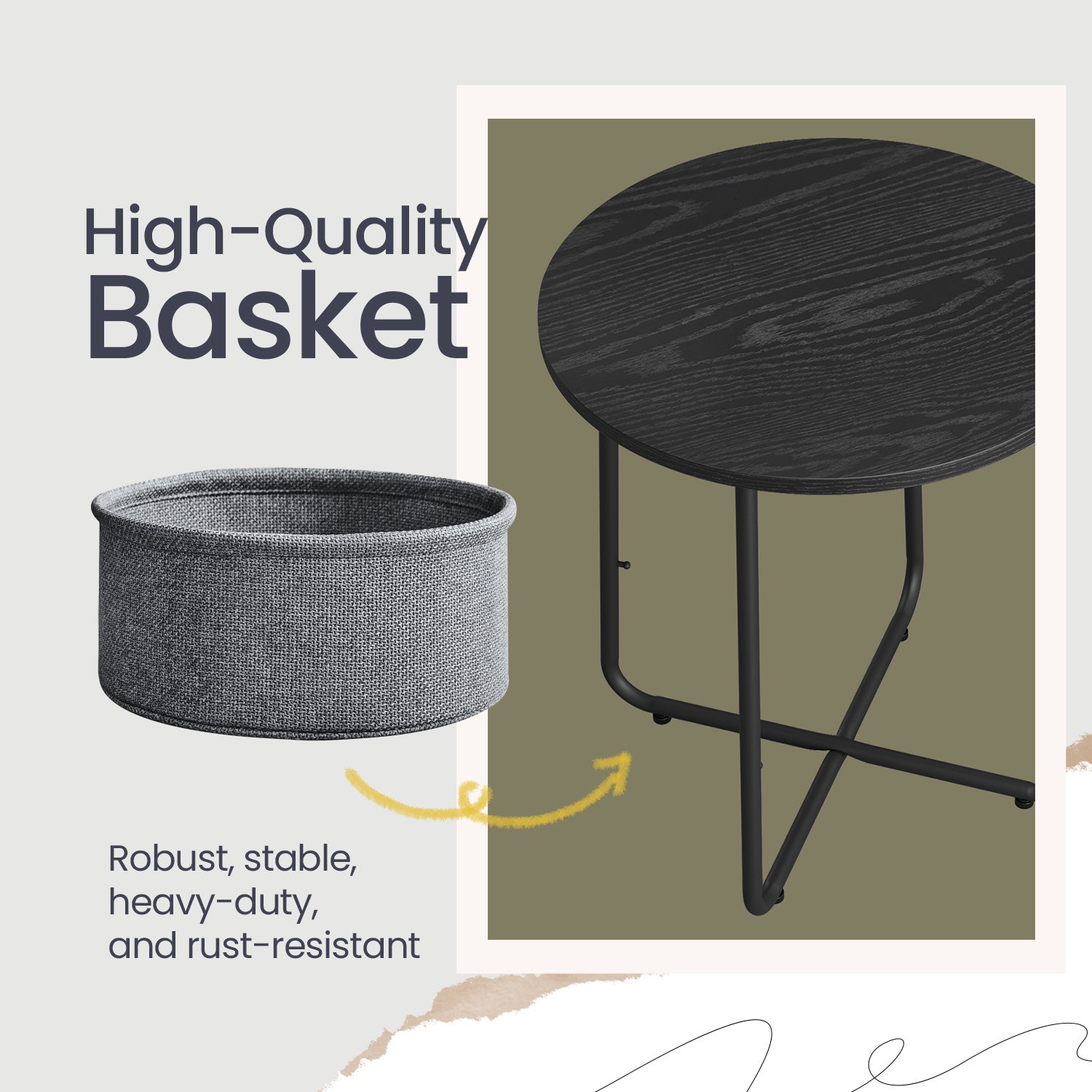 Side Table, Round End Table with Fabric Basket, for Living Room Bedroom, Bedside Table, Modern Style,Cream White,Laurel Green,Jelly Pink,Cement Grey,Ebony Black,Various colors