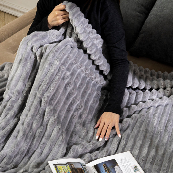 Luxury Flannel Fleece Throw Blanket | Ultra-Fluffy & Cozy Extra-Large Blanket for Bed, Sofa & Couch | Warm Soft Striped Design, All-Season Comfort | Perfect Gift for Women & Girls, Silver Gray