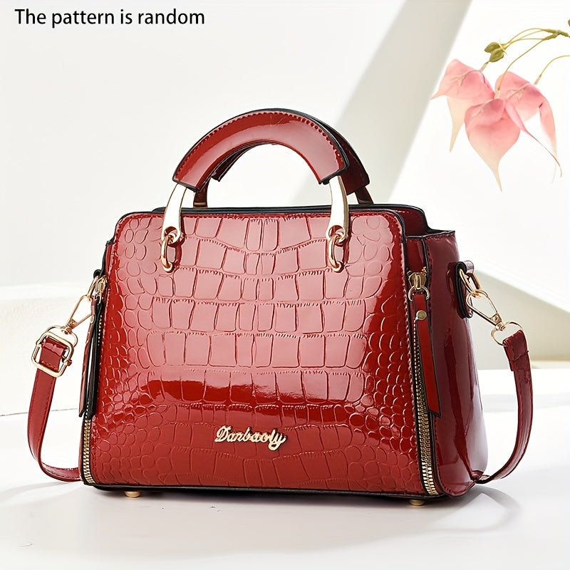 CHROSGEKEIDI Women's Crocodile-Texture Handbag - Glossy Black Alligator-like Shoulder Bag with Golden-Tone Hardware, Adjustable Strap & Zipper Closure, Golden-Tipped - Elegant Purse for, Casual, Formal Events (Luxury)