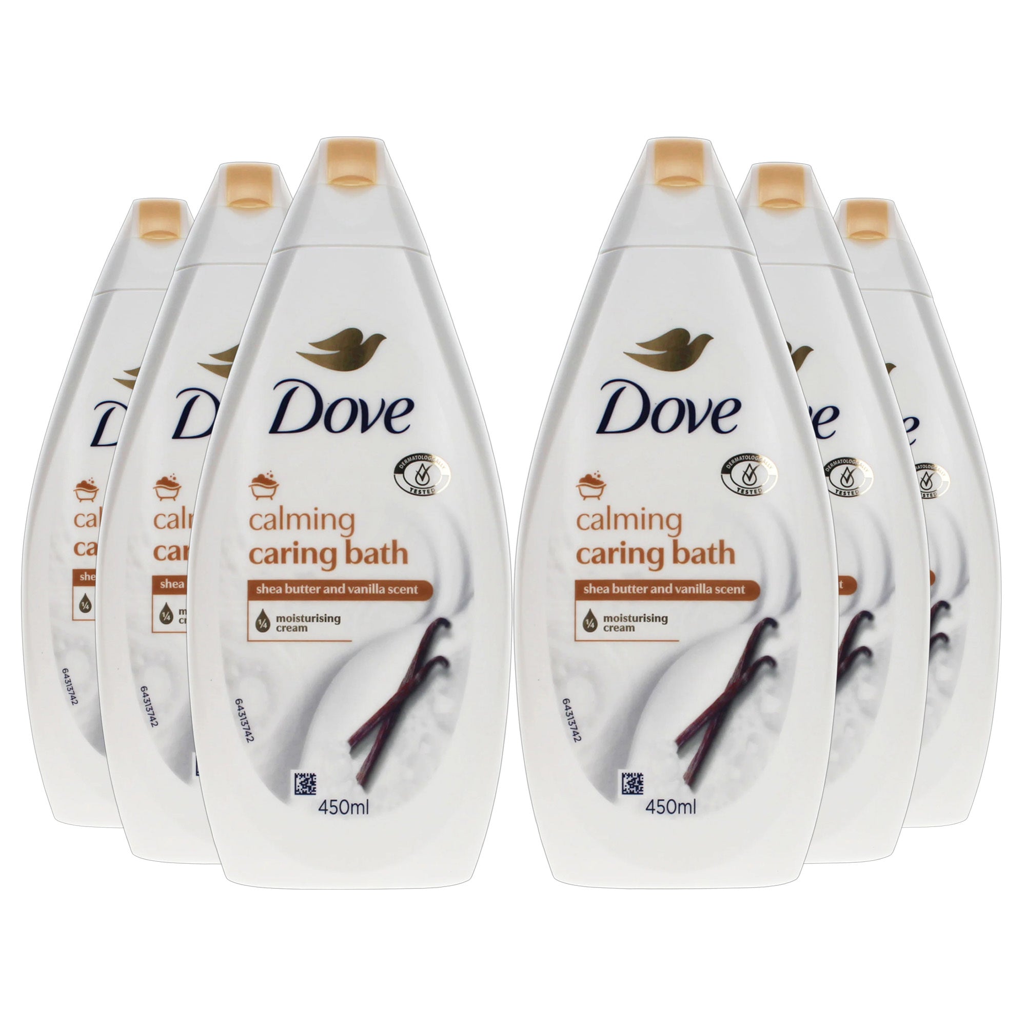 Dove Calming Caring Bath with Shea Butter & Vanilla Scent, Moisturising Cream for Soft Skin, 450ml x 6 Pack