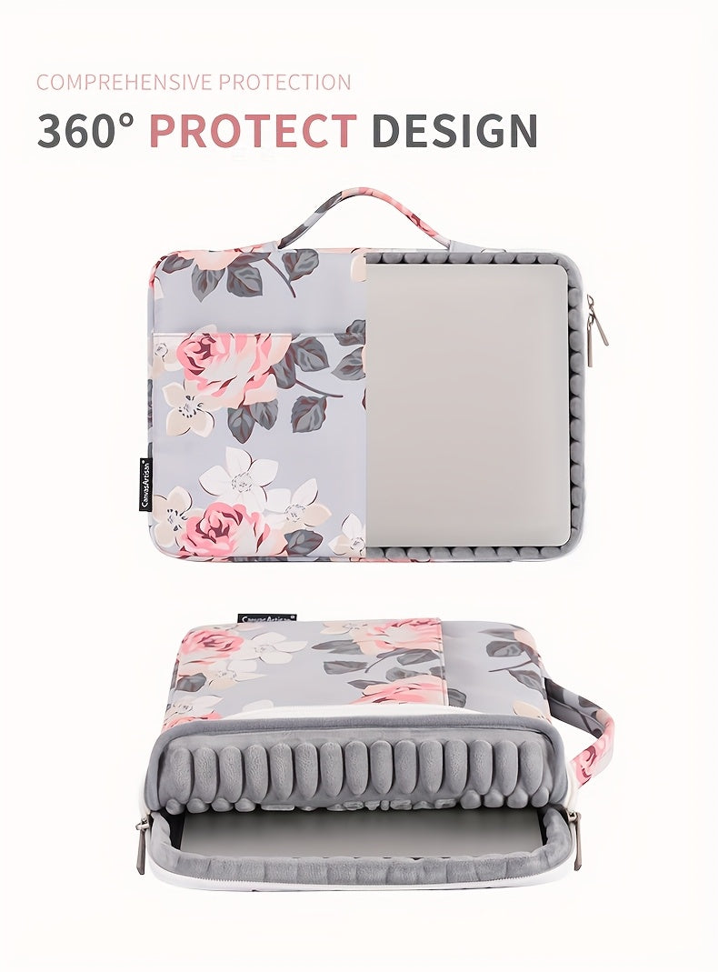 Canvas Artisan Floral Laptop Sleeve Case - Shockproof, Hand-Held Briefcase with Zipper Closure for MacBook, Acer, and More - Stylish Gray with Pink & Black Floral Design, Lightweight & Durable for Daily Commute, Vacation, or