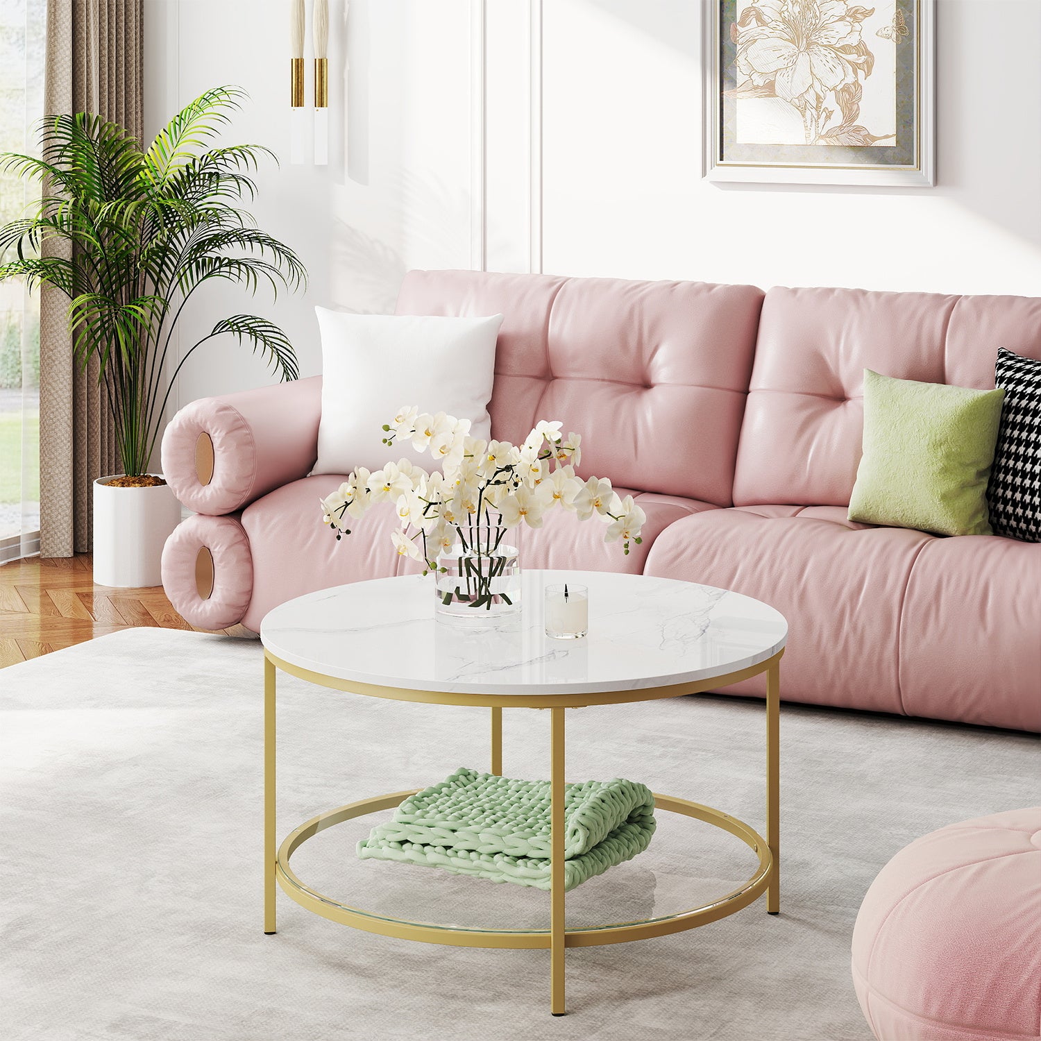 Coffee Table, Living Room Table, Sofa Cocktail Table Faux Marble Round, Tempered Glass Storage Shelf, Easy to Assemble, Modern Style, for Living Room, Marble