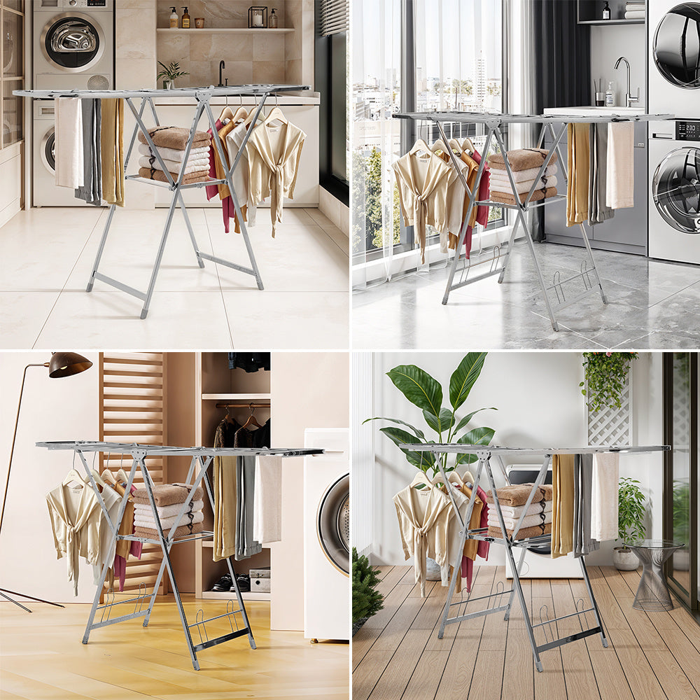 Staiinless Steel Folding Drying Rack, 2-Level Clothes Airer with Height Adjustable Wing, Freestanding Drying Rack for Clothes Socks Towels Shoes Quilts, Multifunctional Air Dryer, Foldable Wing Clothes Drying Rack, No Assembl