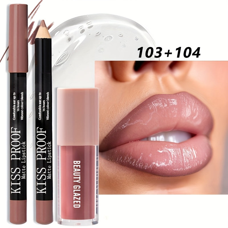 2pack BEAUTY GLAZED Waterproof Lip Liner & Lip Glaze Set - Long-Lasting Matte Lip Makeup Combo, Nude Brown/Pink/Deep Red Shades, Moisturizing Lip Pencil & Glossy-Free Lipstick for All Beige Types, All-Day Wear for Sensitive L