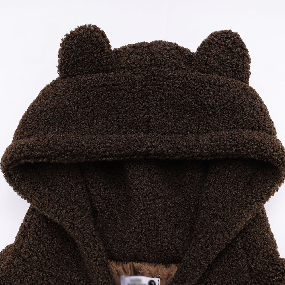 Embroidered Teddy Bear Ear Hooded Lamb Wool Coat