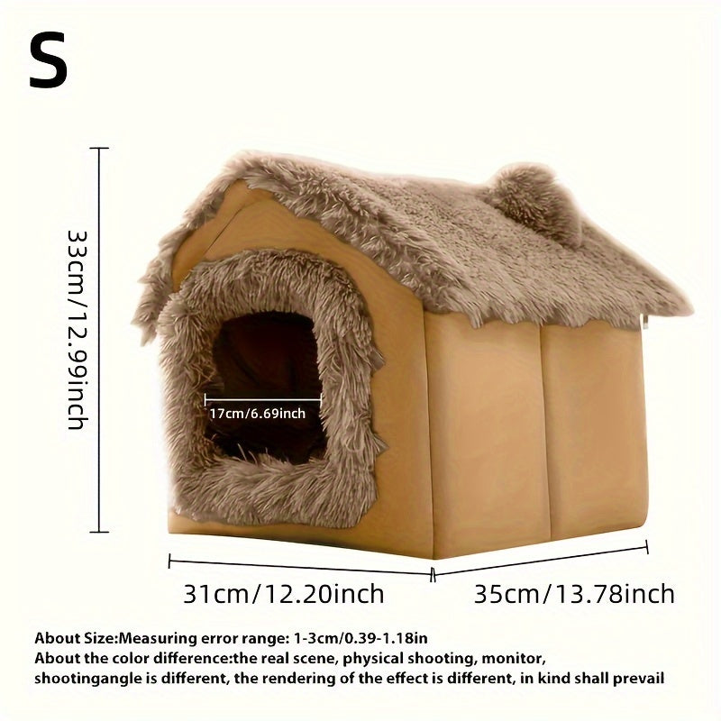 Four-season Comfortable Plush Pet Bed for Cats and Dogs with Removable Non-slip Bottom, Semi-enclosed Cat House